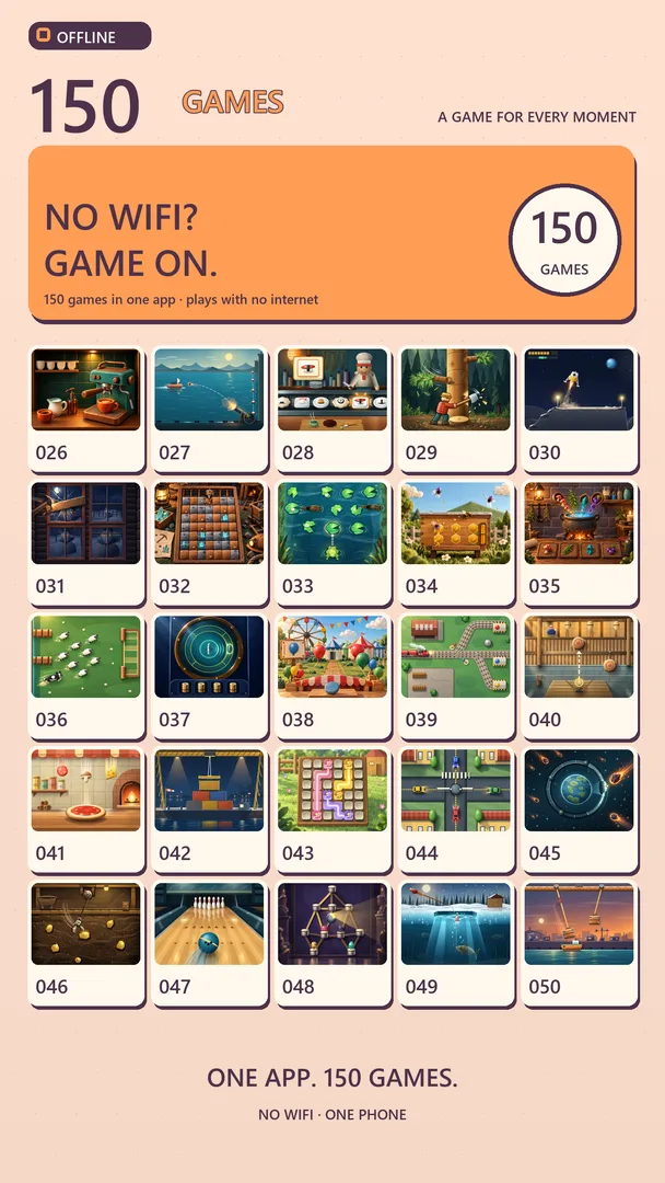 The app's game grid under the headline No WiFi? Game on.