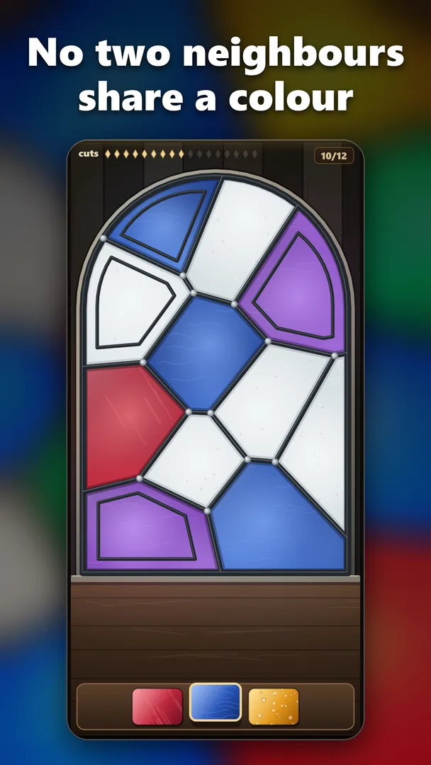 Stained Glass puzzle: no two neighbours share a colour